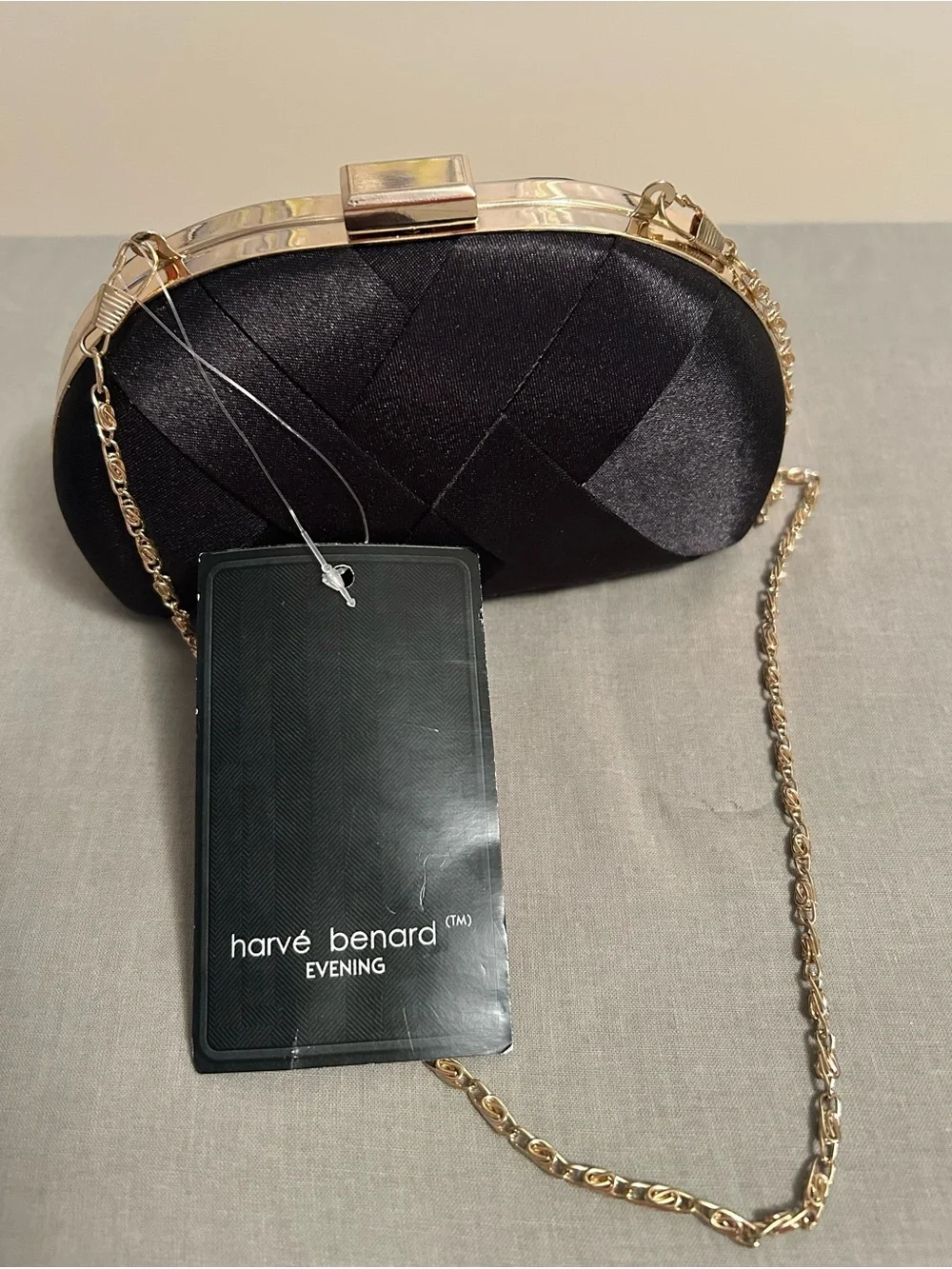 Harve Benard Black Satin Evening Clutch with Gold Chain